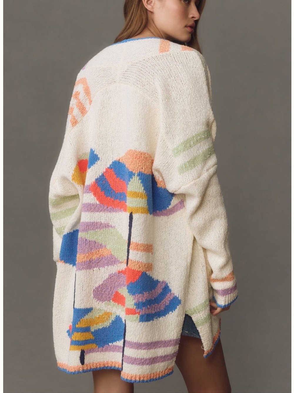 Anthropologie Cream Cardigan by MAEVE with Multicolor Umbrella Motifs 🏖️
